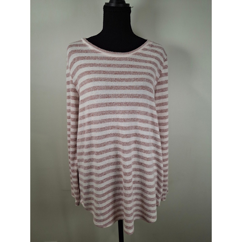 Peyton Primrose Women Large Pink White Striped Chevron Back LongSleeve Tunic Top